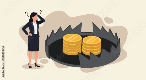 Woman confused by money trap. Business financial risk concept.