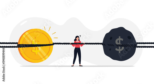 Woman Weighing Gold Coin vs. Black Rock with Dollar Sign