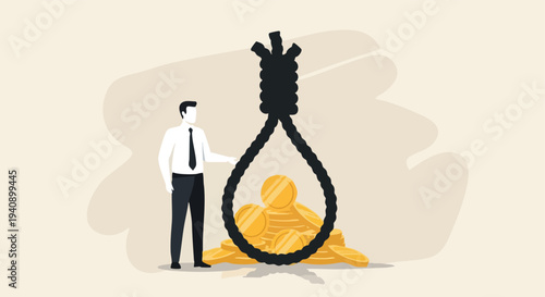 Businessman and Noose with Coins. Financial Crisis Concept.