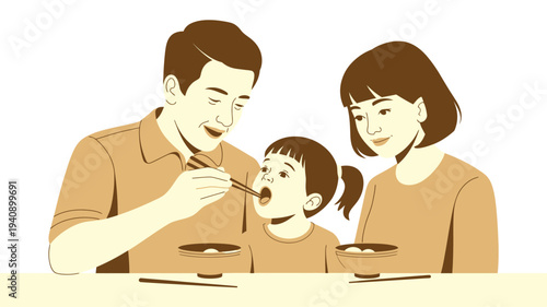 Dad feeding daughter happy family meal