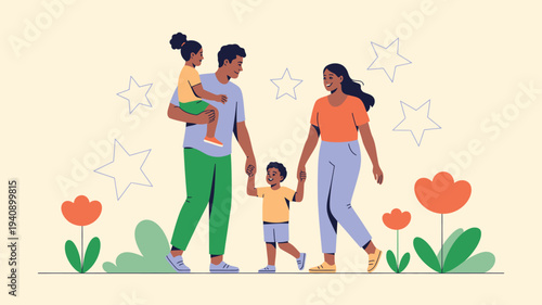 Diverse family walking children outdoors together