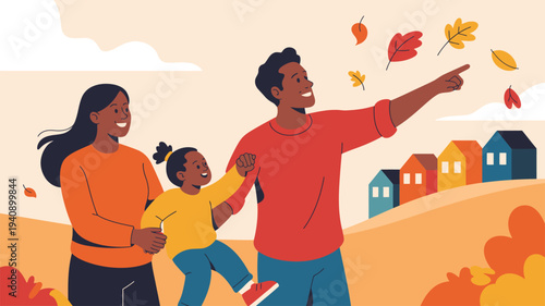 Diverse family walking autumn street suburban houses