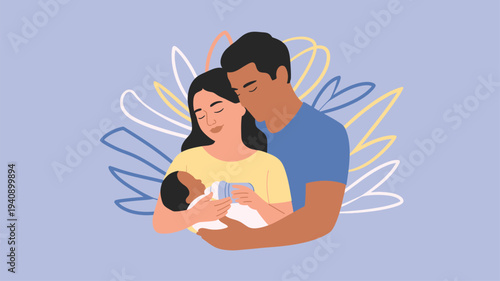 Diverse parents feeding newborn baby a bottle