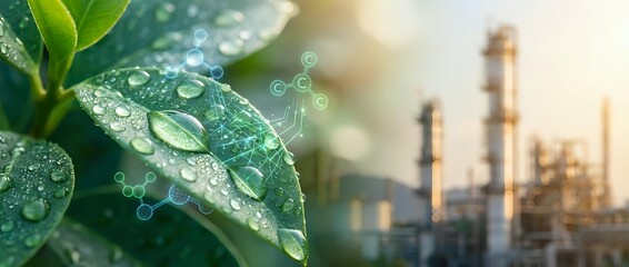 Green leaf with water droplets in foreground contrasting with blurred industrial factory smokestacks background symbolizing environmental protection.