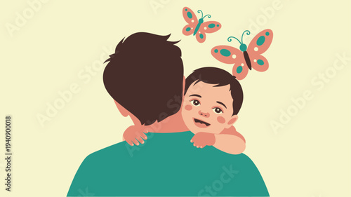 Baby smiling on adult shoulder