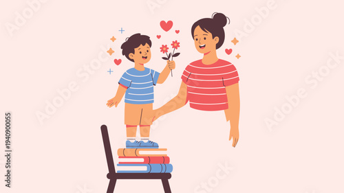 Boy giving flowers to mother flat illustration