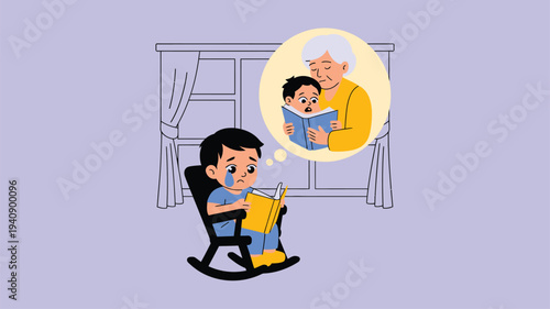 Boy misses grandma reading book memory