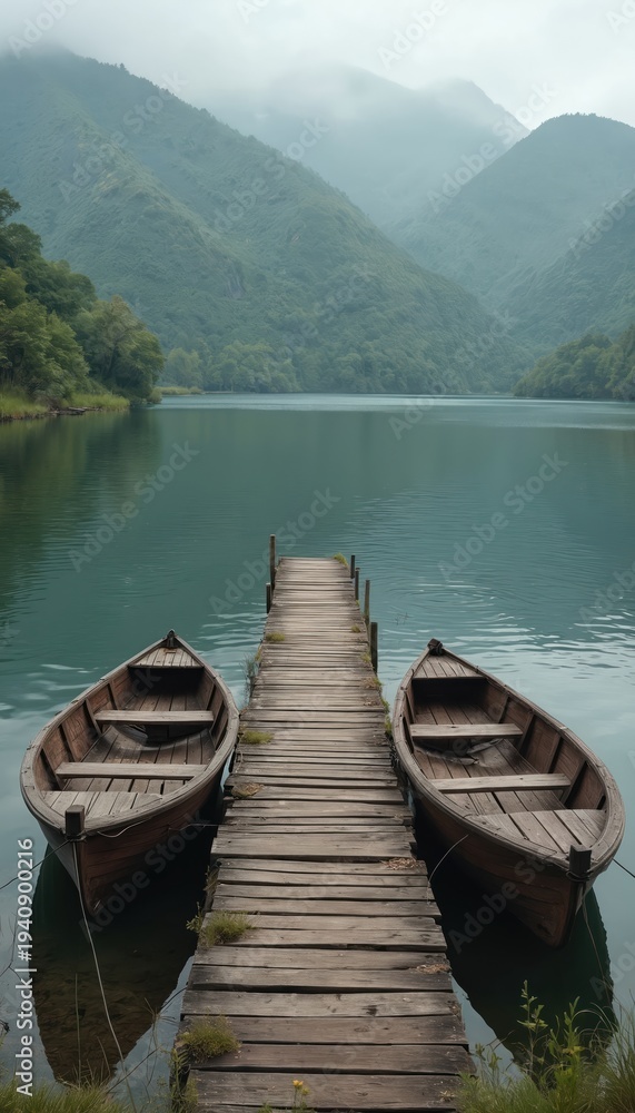 Fototapeta premium Two wooden boats bob at a weathered pier on a calm lake. Mist hangs over distant, tree-covered mountains. Serene natural scenery invites peaceful reflection and outdoor adventure.
