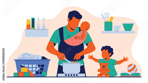 Busy father cooking with two children