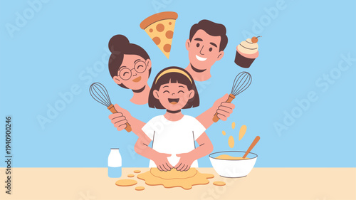 Child baking with multiple hands and smiling family illustration