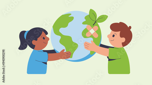 Children holding healing Earth globe illustration