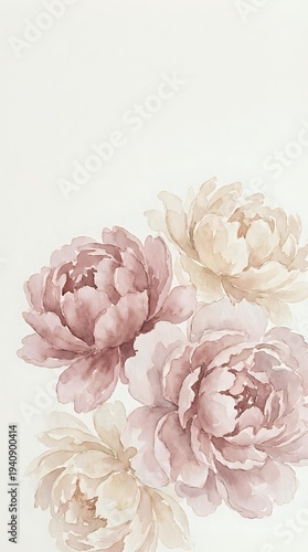 Watercolor peonies in soft pink and beige tones on neutral background for feminine design projects and romantic decor applications.