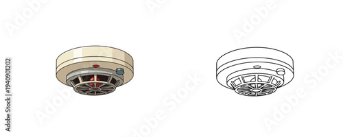 Smoke Detector Sensor in flat colorful and linear style with red light and circular shape for fire safety and home protection isolated on white background