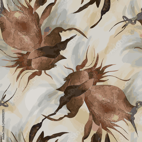 Elegant abstract botanical watercolor pattern featuring soft beige tones with stylized floral shapes and flowing brush textures. Modern artistic background ideal for wallpaper, textile, packaging