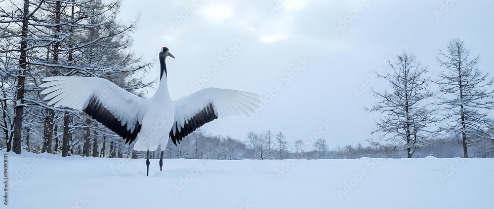 Naklejka premium Elegant red-crowned crane with outstretched wings standing gracefully in pristine winter snow landscape surrounded by bare trees under overcast sky.