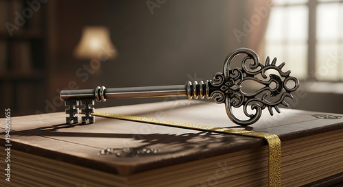 an antique ornate key resting on an old leather-bound book in a cozy study symbolizing knowledge and hidden secrets.