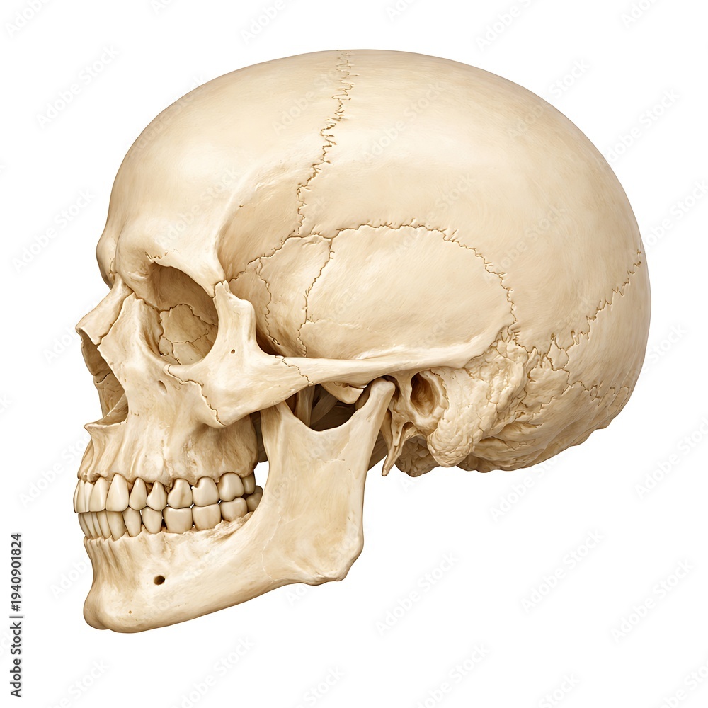 Obraz premium Human Skull Side View - Anatomical Profile of a Real Human Cranium Isolated on White Background