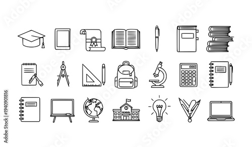 Education line icon set with school tools and learning symbols modern outline vector pack