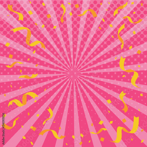 A bright and colorful sunburst background with radial rays, confetti, and light effects, creating a festive and eye‑catching atmosphere for promotions, sales, and advertisements. pink