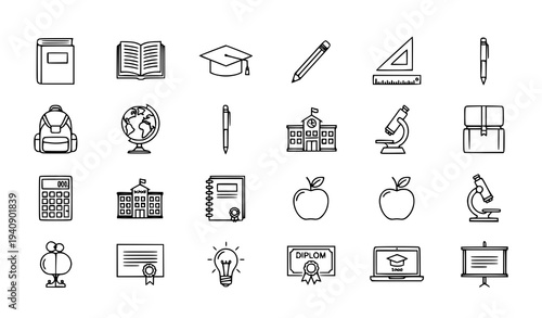 Modern education outline icon set with school learning symbols for web and mobile apps vector collection