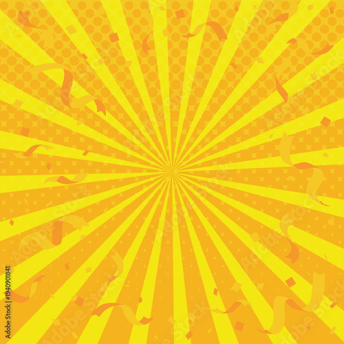 A bright and colorful sunburst background with radial rays, confetti, and light effects, creating a festive and eye‑catching atmosphere for promotions, sales, and advertisements. yellow