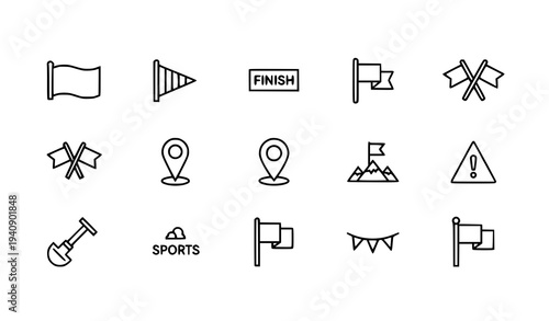 Outline flag icon set with banner marker and race symbols modern thin line vector pack