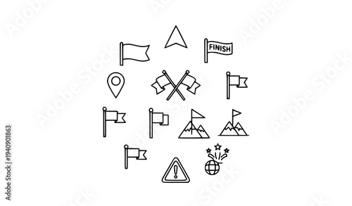 Minimal flag line icons collection with race marker and banner symbols for web design