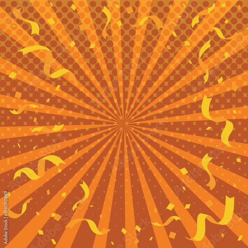 A bright and colorful sunburst background with radial rays, confetti, and light effects, creating a festive and eye‑catching atmosphere for promotions, sales, and advertisements. oranege