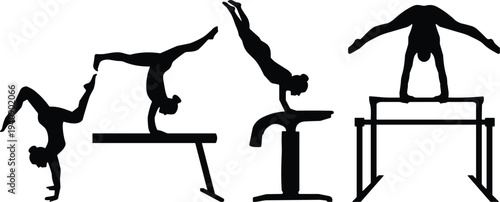 Gymnastics, athlete, balance, exercise, silhouettes, set, including, handstand, vault, pommel, bars, sport, fitness, training, competition, movement, strength, silhouette, symbol, collection