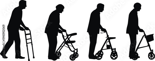 Elderly, people, walking, aid, silhouettes, set, including, cane, walker, rollator, senior, aging, support, healthcare, mobility, assistance, lifestyle, silhouette, symbol, collection