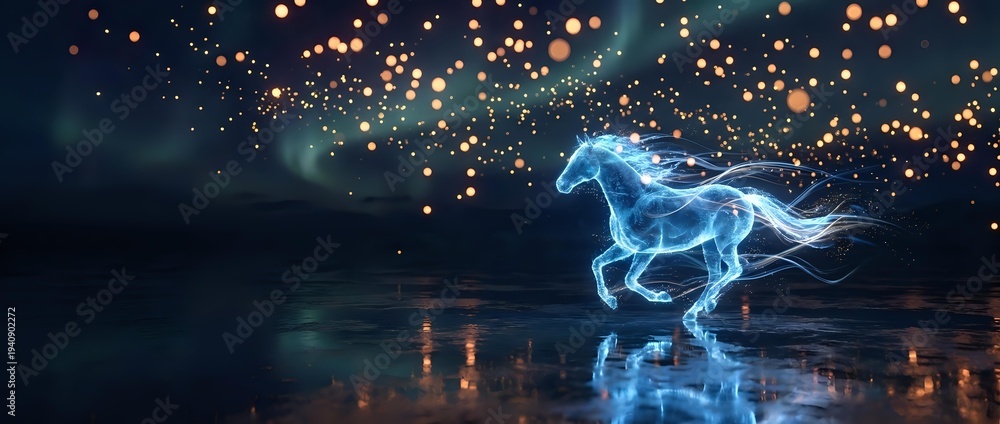 Obraz premium Glowing blue energy horse galloping across water surface with magical light particles and bokeh effects creating mystical fantasy atmosphere.