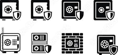Security, safe, vault, protection, icons, set, including, shield, bank, password, data, protection, storage, digital, safety, lock, finance, silhouette, symbol, collection