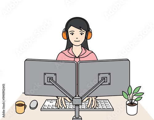 聴覚過敏のためイヤーマフを装着してPC作業する女性