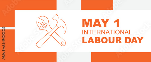 International labour day may 1st celebration with hammer and sickle icon in orange stroke on orange and white background