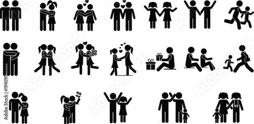 Family and Couple Relationship Icons Love Parenting Friendship Human Stick Figure Vector Set