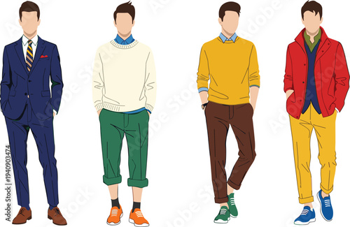 Fashionable Male Outfit Collection Vector Illustration Casual and Formal Stylish Men Clothing Styles Set