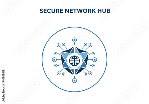 A diagram depicts a globe inside a geometric shape surrounded by circular nodes enclosed within a blue circle labeled SECURE NETWORK HUB