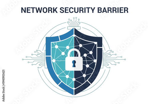A digital graphic depicts a shield padlock circuit boards and network diagram elements