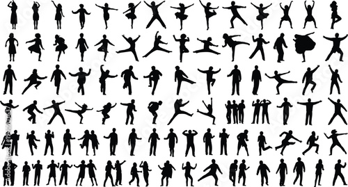 Large Collection of People Silhouettes in Various Action Poses Dancing Jumping Running Standing Vector Set