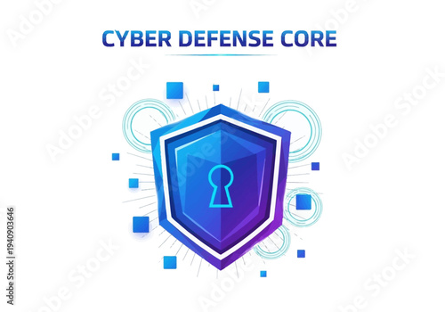 A gradientfilled shield icon with a keyhole design is centered below text that reads CYBER DEFENSE CORE The setting is white