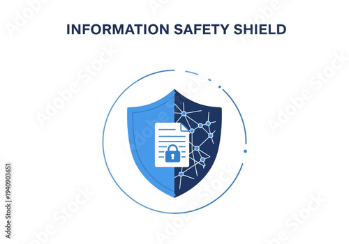 A graphic depicts a blue shield split vertically One half is solid the other has a network design A document with a lock sits on the solid side