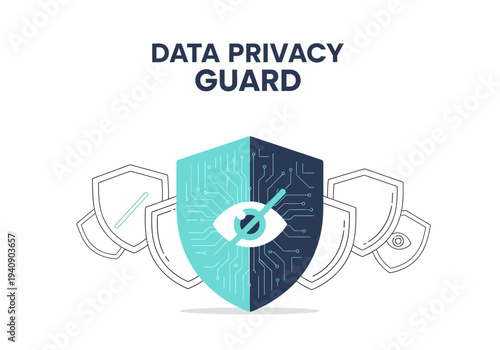 A graphic depicts a shield with circuits and an eye The text reads DATA PRIVACY GUARD Several shields are also present