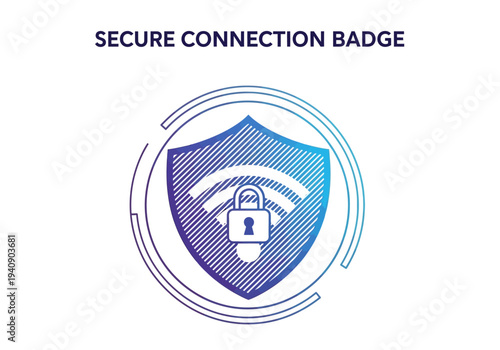 A Secure Connection Badge displays a shield graphic with a lock symbol and WiFi symbol within surrounded by a circular frame and text at the top
