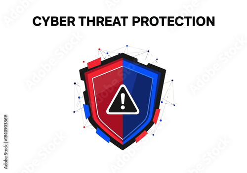Cyber threat protection text above a redblue shield with an exclamation mark on a white backdrop