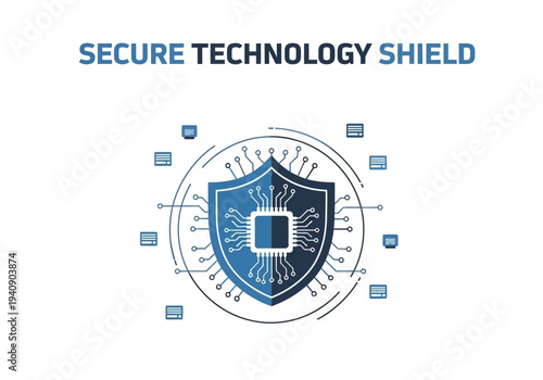 Blue shield with a CPU circuit design and surrounding circuit lines text SECURE TECHNOLOGY SHIELD