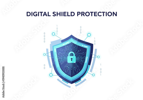 Digital shield graphic with a lock graphic inside Binary digits and connecting circles surround the shield Text reads DIGITAL SHIELD PROTECTION