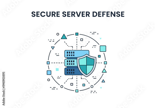 Graphic depicting a shield over servers surrounded by abstract shapes