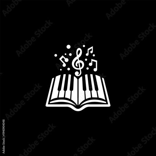 Creative music concept with piano keys shaped like an open book and floating musical notes, modern white vector illustration on black background