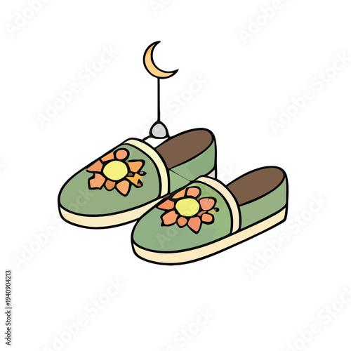 Slippers with flowers hanging from moon.