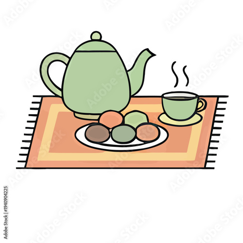 Teapot and Cup with Macarons on Tablecloth.